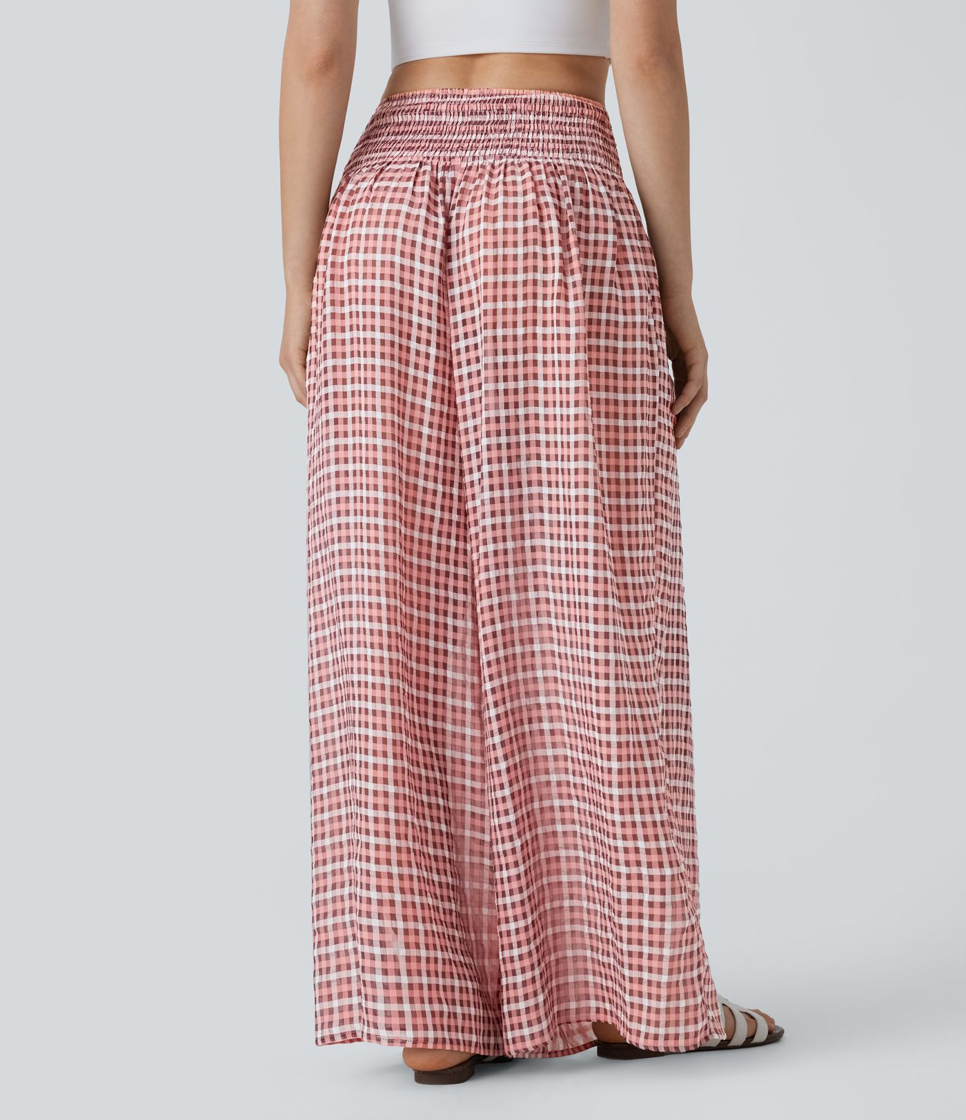High Waisted Shirred Plaid Flowy Casual Wide Leg Pants