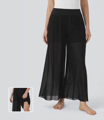 Pantalones de baile fluidos anchos 2 en 1 de tiro alto con malla transparente 