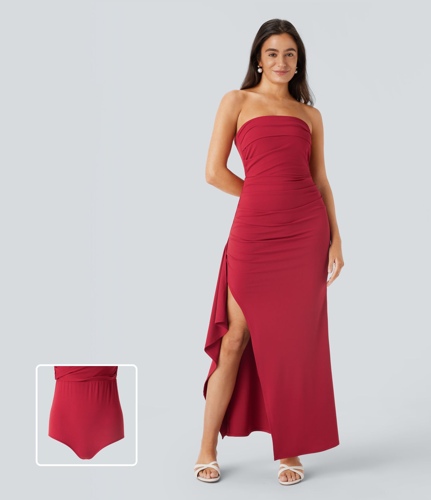 Robe longue de soirée 2-en-1 bustier froncée à volants avec fente