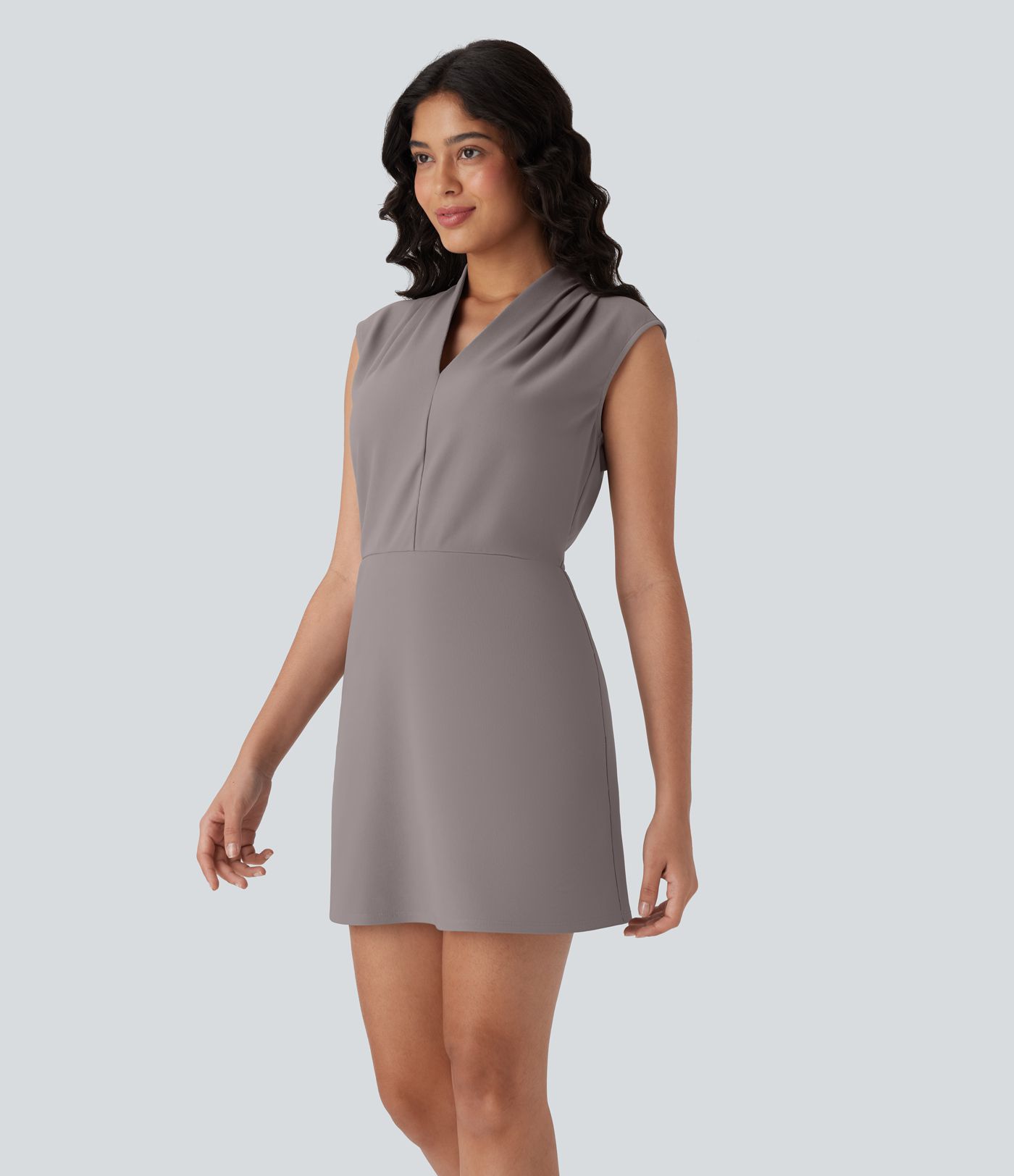 Halara Flex™ V Neck Pleated Sleeveless Mini Micro Waffle Work Dress with Pockets