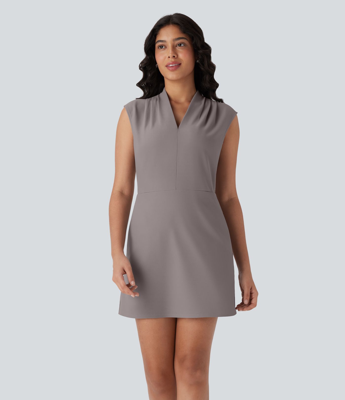 Halara Flex™ V Neck Pleated Sleeveless Mini Micro Waffle Work Dress with Pockets