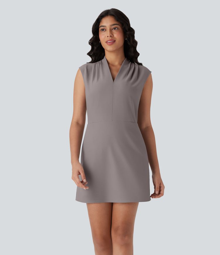 Halara Flex™ V Neck Pleated Sleeveless Mini Micro Waffle Work Dress with Pockets