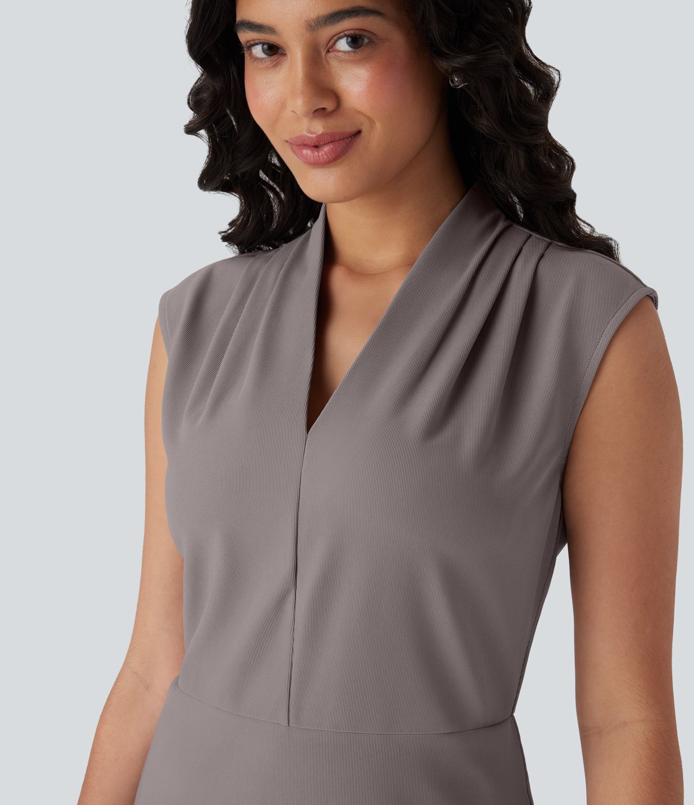 Halara Flex™ V Neck Pleated Sleeveless Mini Micro Waffle Work Dress with Pockets