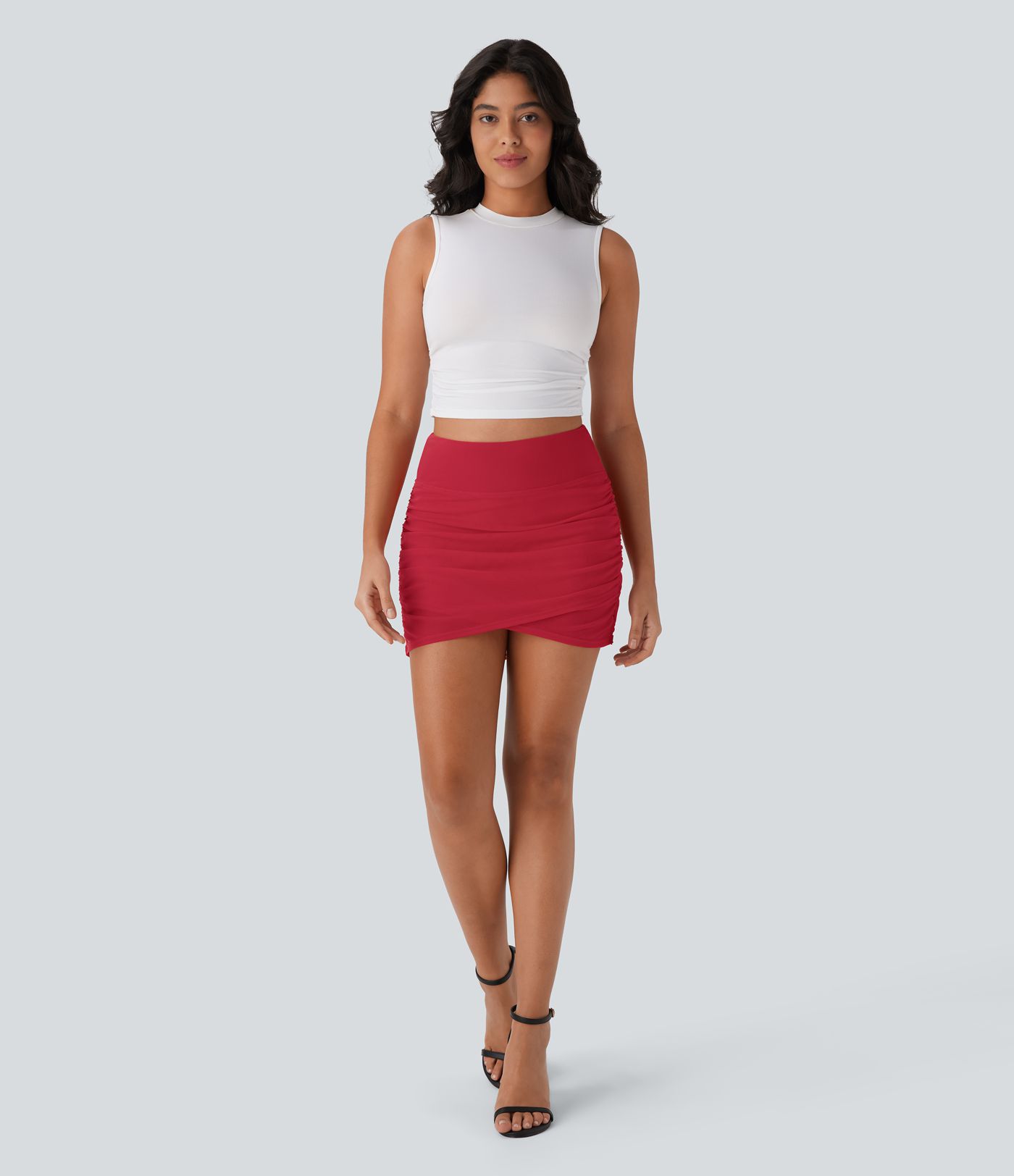 High Waisted Ruched 2-in-1 Side Pocket Contrast Mesh Bodycon Mini Casual Skirt