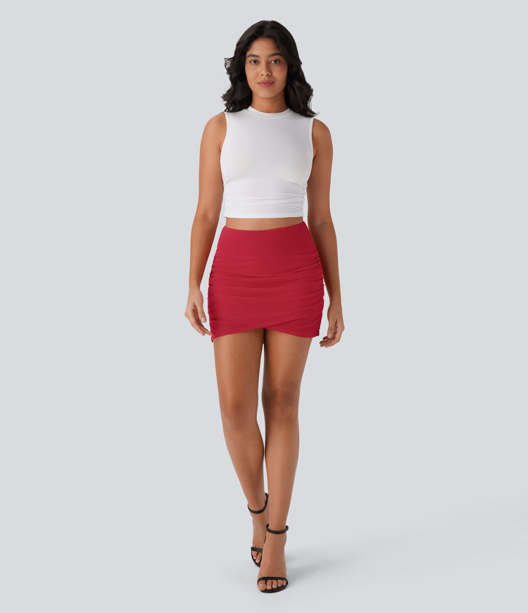 High Waisted Ruched 2-in-1 Side Pocket Contrast Mesh Bodycon Mini Casual Skirt