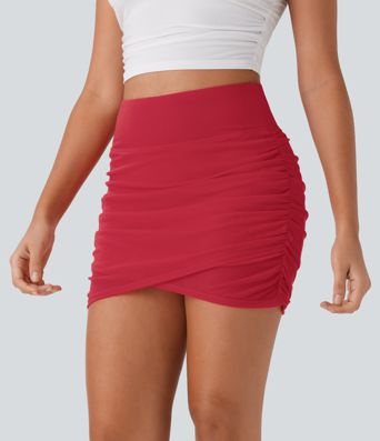 High Waisted Ruched 2-in-1 Side Pocket Contrast Mesh Bodycon Mini Casual Skirt