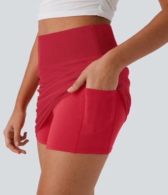 High Waisted Ruched 2-in-1 Side Pocket Contrast Mesh Bodycon Mini Casual Skirt