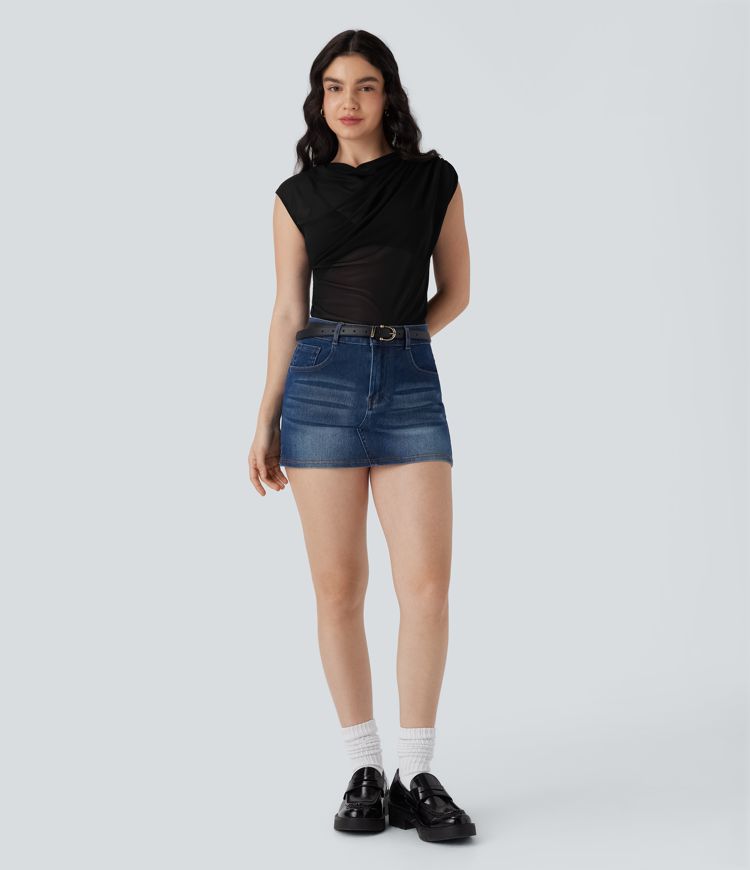 Cowl Neck Cap Sleeve Mesh Casual Top