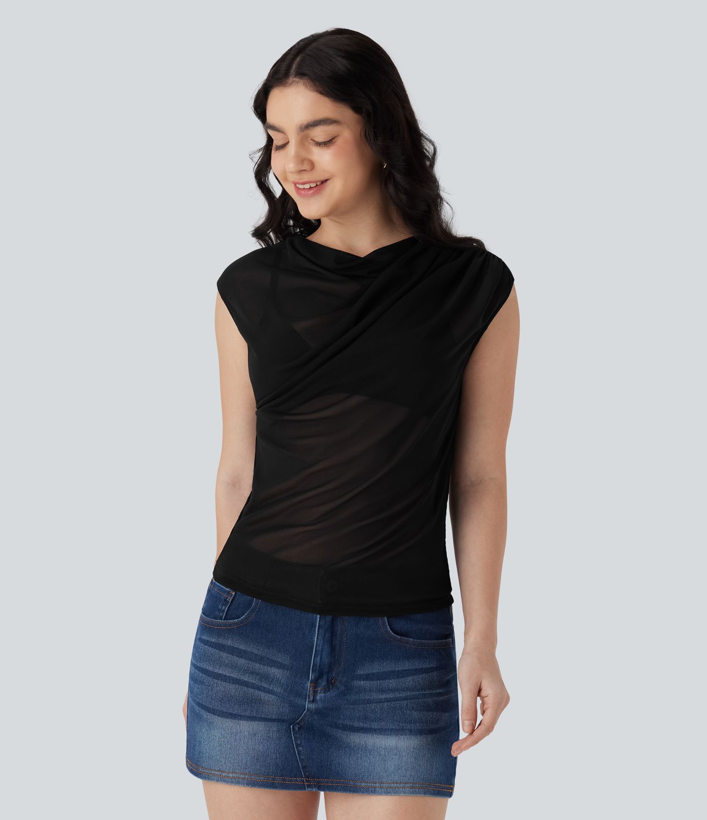 Cowl Neck Cap Sleeve Mesh Casual Top