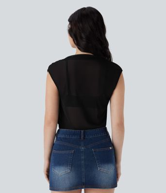 Cowl Neck Cap Sleeve Mesh Casual Top