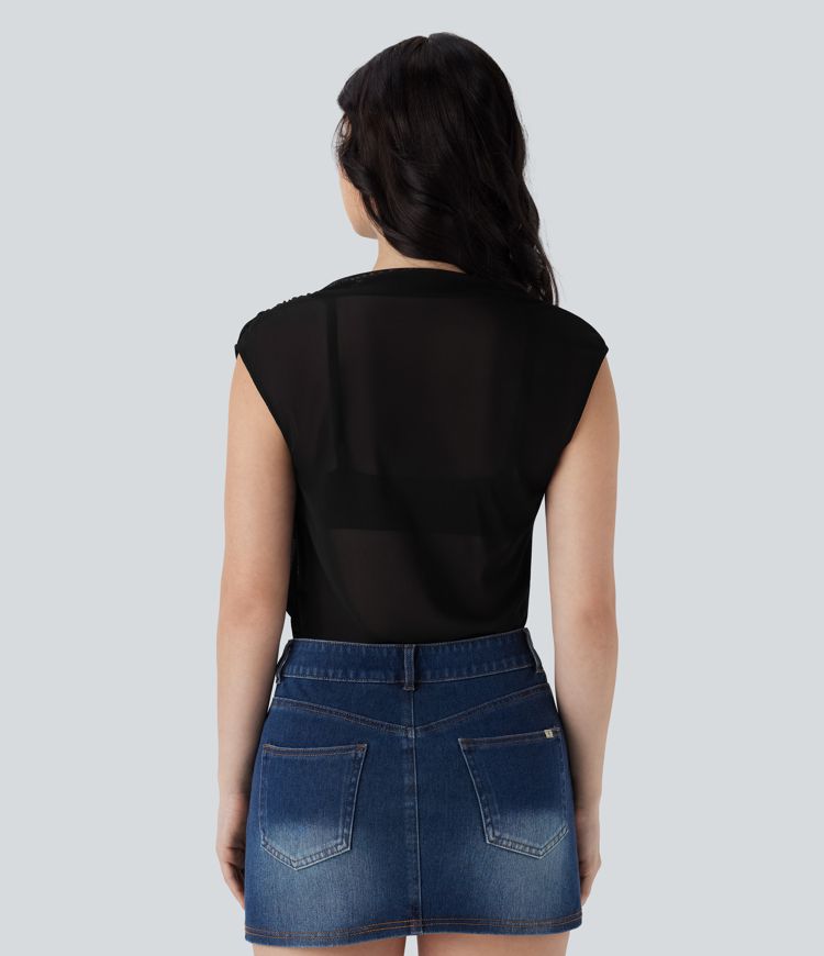 Cowl Neck Cap Sleeve Mesh Casual Top