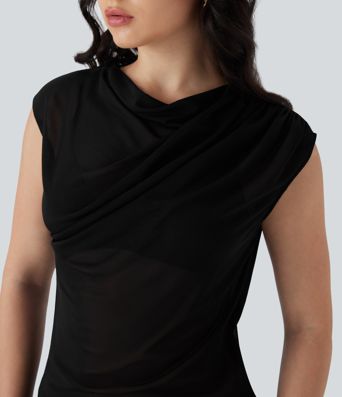 Cowl Neck Cap Sleeve Mesh Casual Top