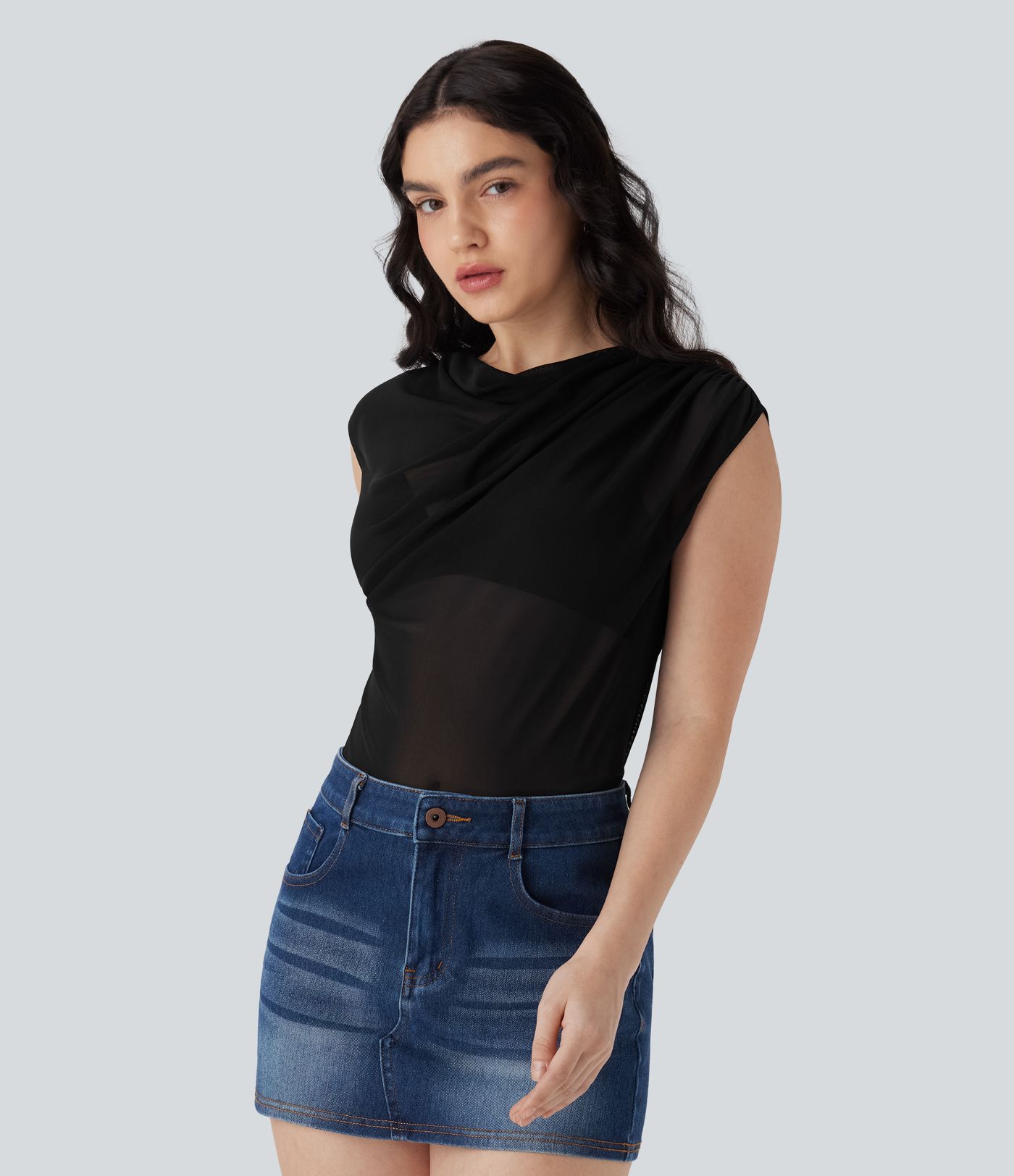 Cowl Neck Cap Sleeve Mesh Casual Top