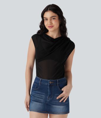 Cowl Neck Cap Sleeve Mesh Casual Top