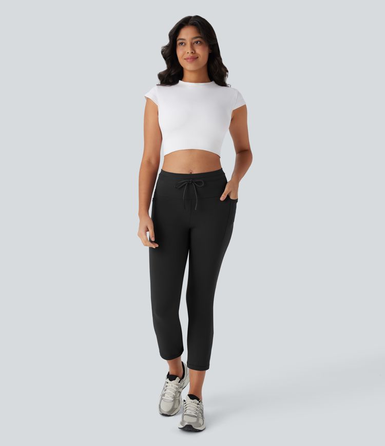 High Waisted Drawstring Pocket Skinny Cropped Yoga Pants