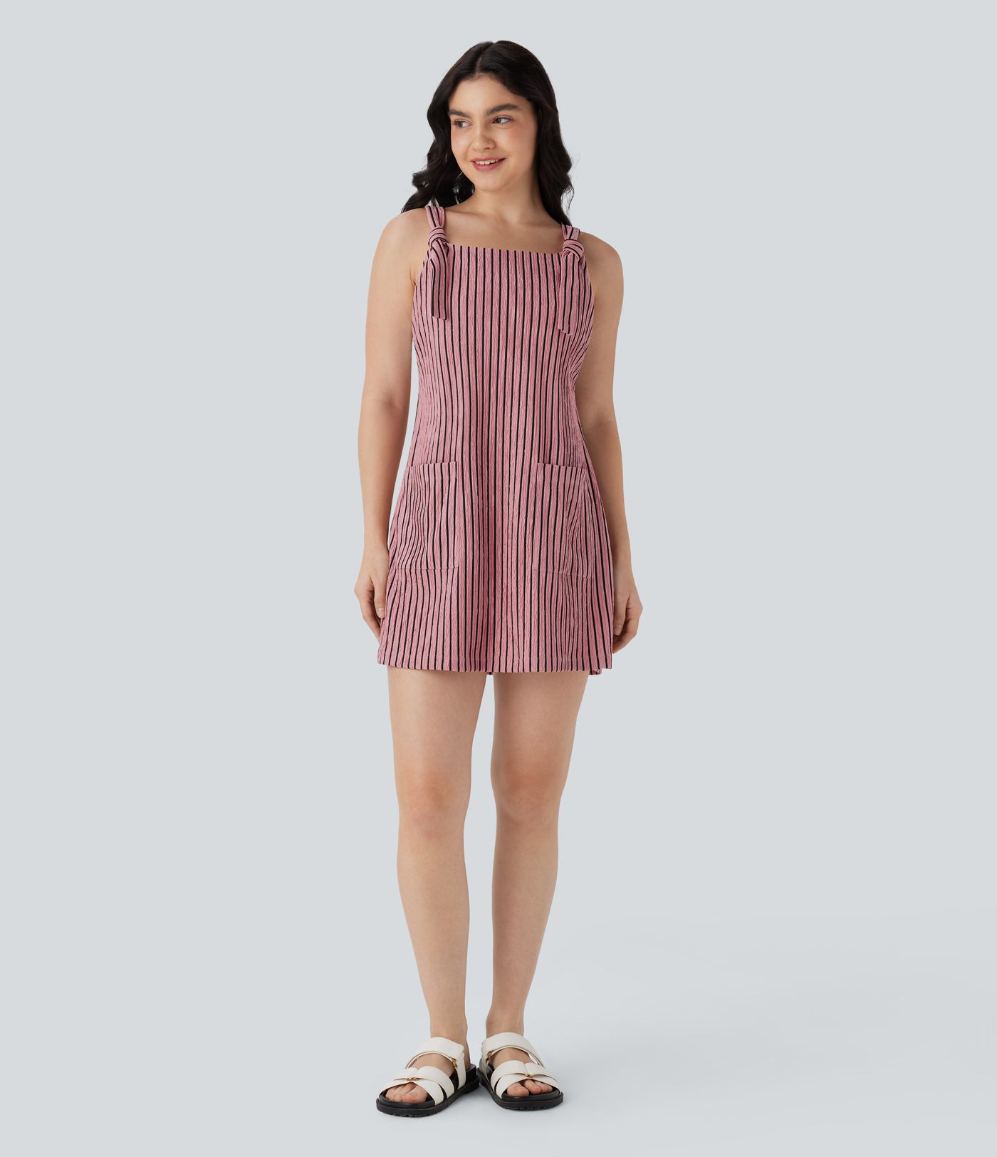 Pockets Stripe Micro Mini Pinafore Dress