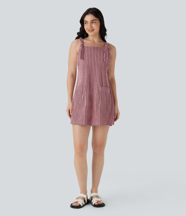 Pockets Stripe Micro Mini Pinafore Dress
