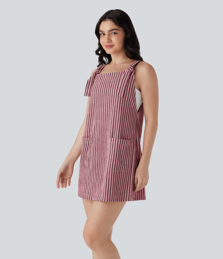 Pockets Stripe Micro Mini Pinafore Dress