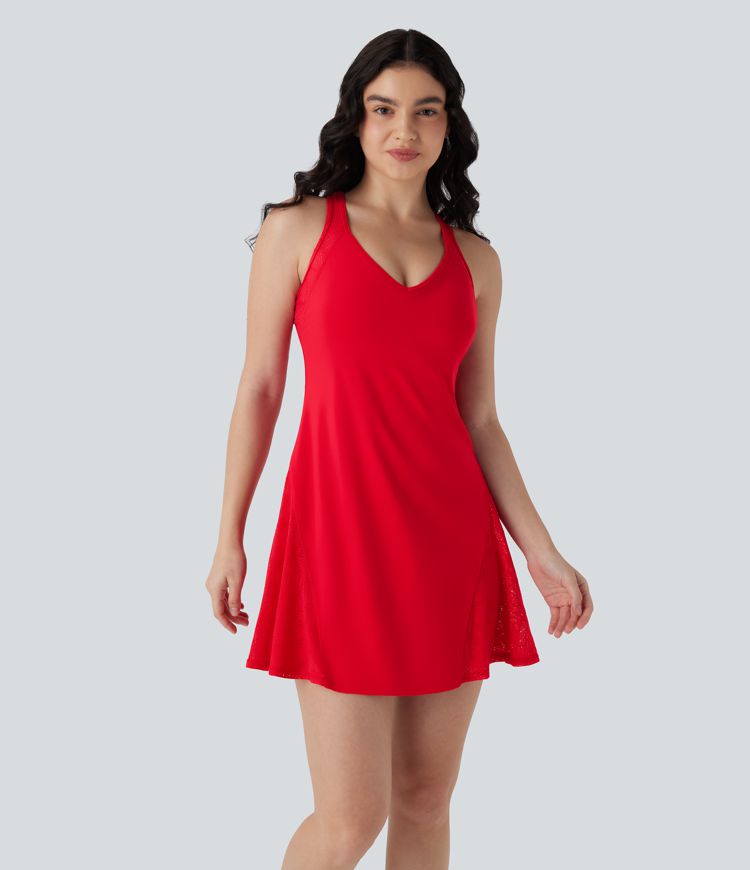 SoftlyZero™ Airy Racerback Contrast Lace Mini 2-piece Set Cool Touch Yoga Active Dress with Pocket-UPF50+