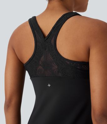 SoftlyZero™ Airy Racerback Contrast Lace Mini 2-piece Set Cool Touch Yoga Active Dress with Pocket-UPF50+