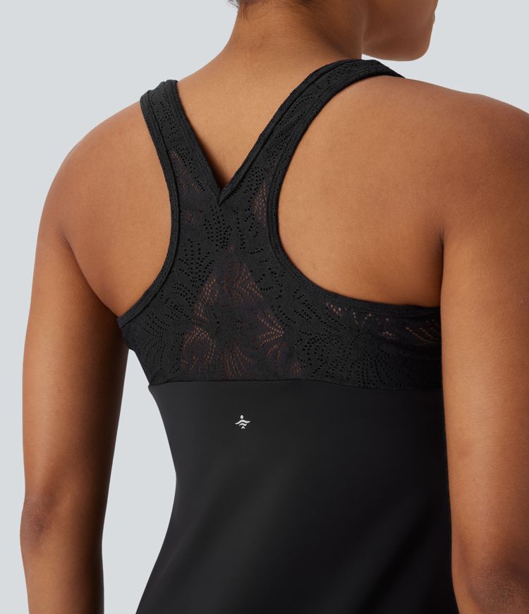SoftlyZero™ Airy Racerback Contrast Lace Mini 2-piece Set Cool Touch Yoga Active Dress with Pocket-UPF50+