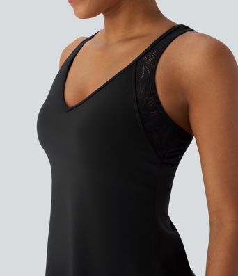 SoftlyZero™ Airy Racerback Contrast Lace Mini 2-piece Set Cool Touch Yoga Active Dress with Pocket-UPF50+