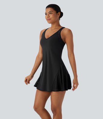SoftlyZero™ Airy Racerback Contrast Lace Mini 2-piece Set Cool Touch Yoga Active Dress with Pocket-UPF50+