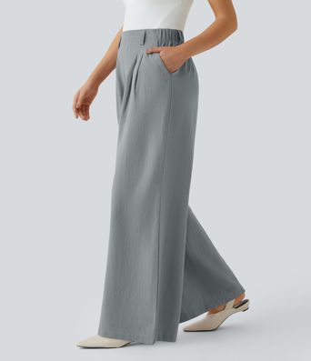 High Waisted Pocket Wide Leg Flowy Solid Palazzo Casual Linen-Feel Trousers