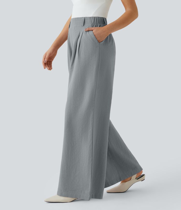 High Waisted Pocket Wide Leg Flowy Solid Palazzo Casual Linen-Feel Trousers