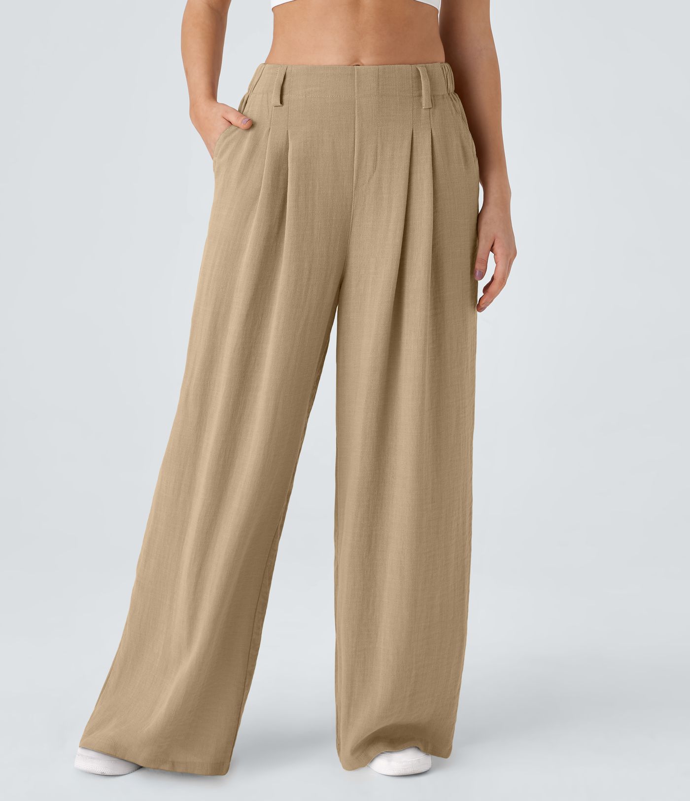 High Waisted Pocket Wide Leg Flowy Solid Palazzo Women Casual Linen-Feel Pants