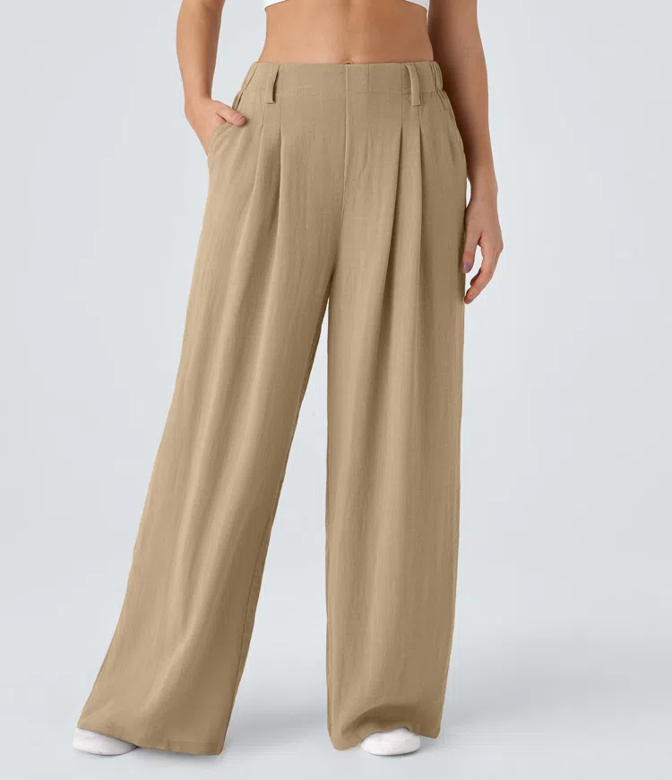 High Waisted Side Pocket Wide Leg Flowy Solid Palazzo Casual Linen-Feel Pants