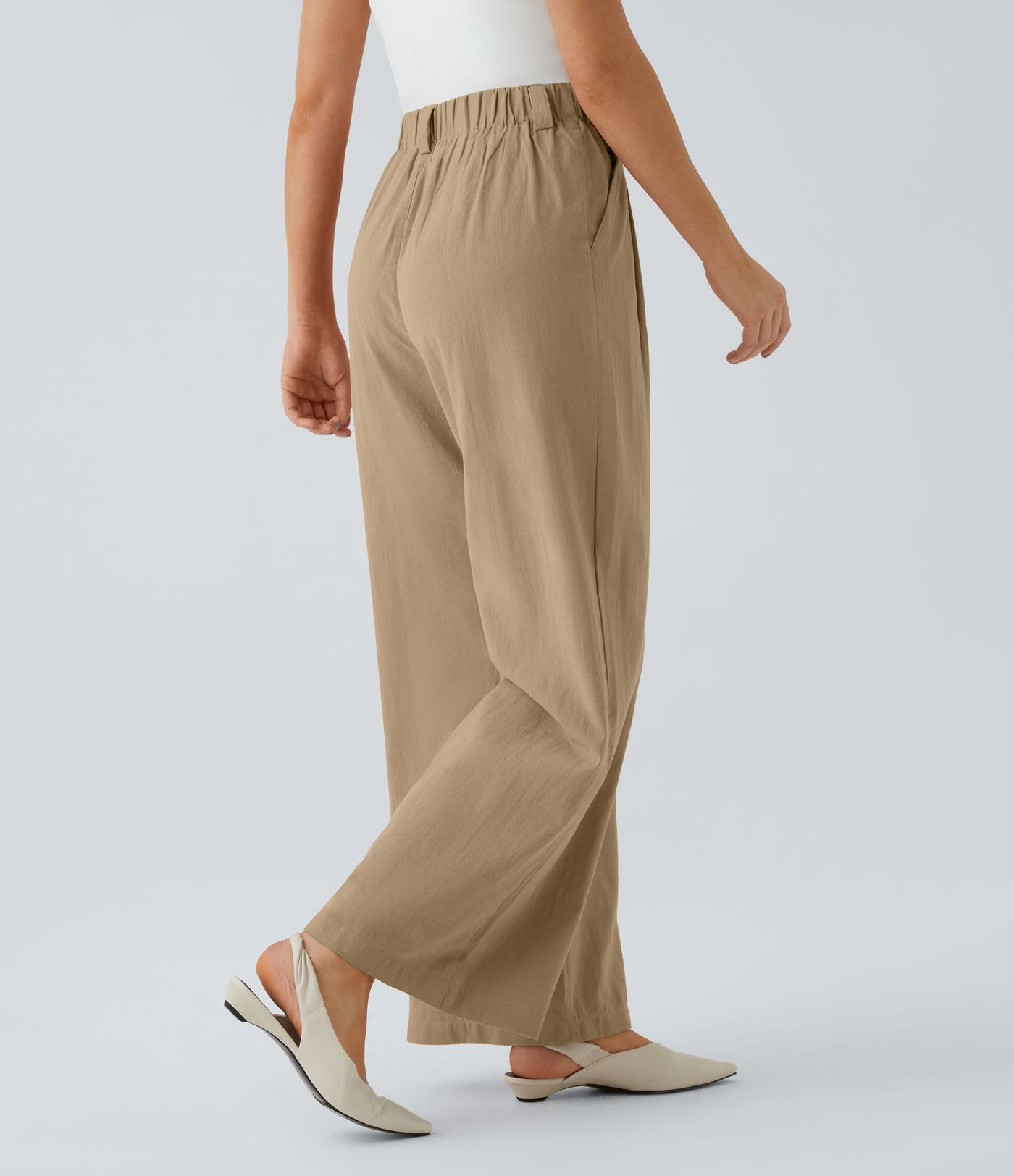 High Waisted Pocket Wide Leg Flowy Solid Palazzo Women Casual Linen-Feel Pants