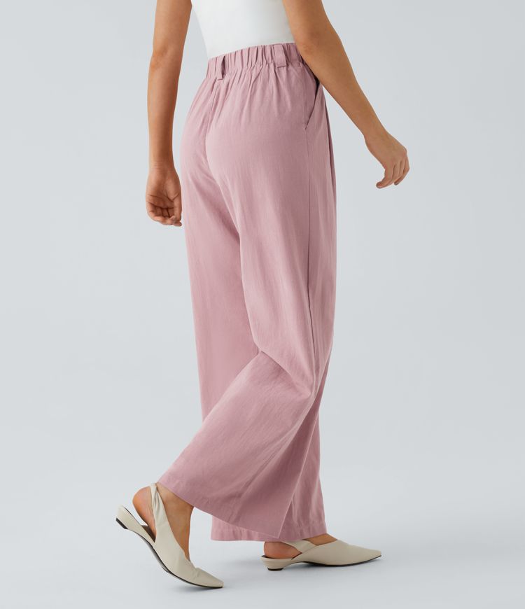 High Waisted Side Pocket Wide Leg Flowy Solid Palazzo Casual Linen-Feel Pants