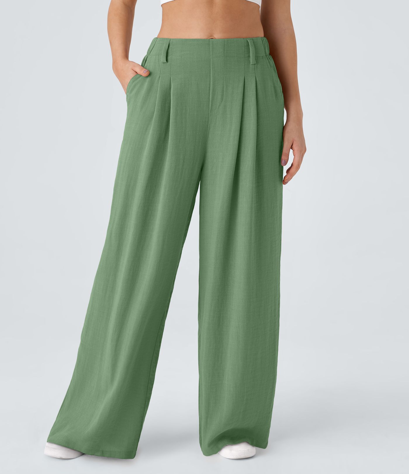 High Waisted Pocket Wide Leg Flowy Solid Palazzo Casual Linen-Feel Pants