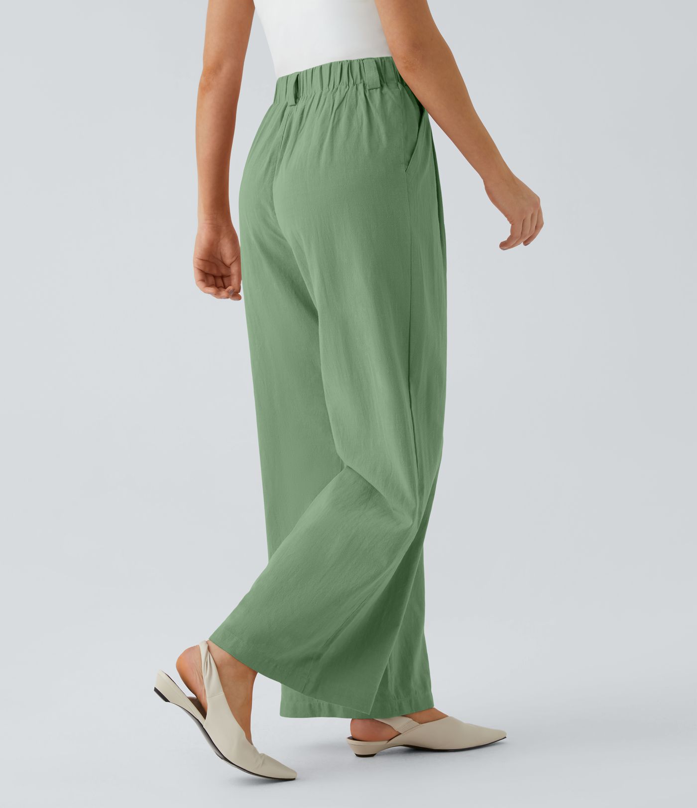 High Waisted Pocket Wide Leg Flowy Solid Palazzo Casual Linen-Feel Pants