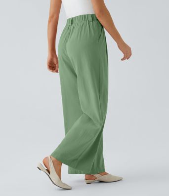 High Waisted Pocket Wide Leg Flowy Solid Palazzo Casual Linen-Feel Pants
