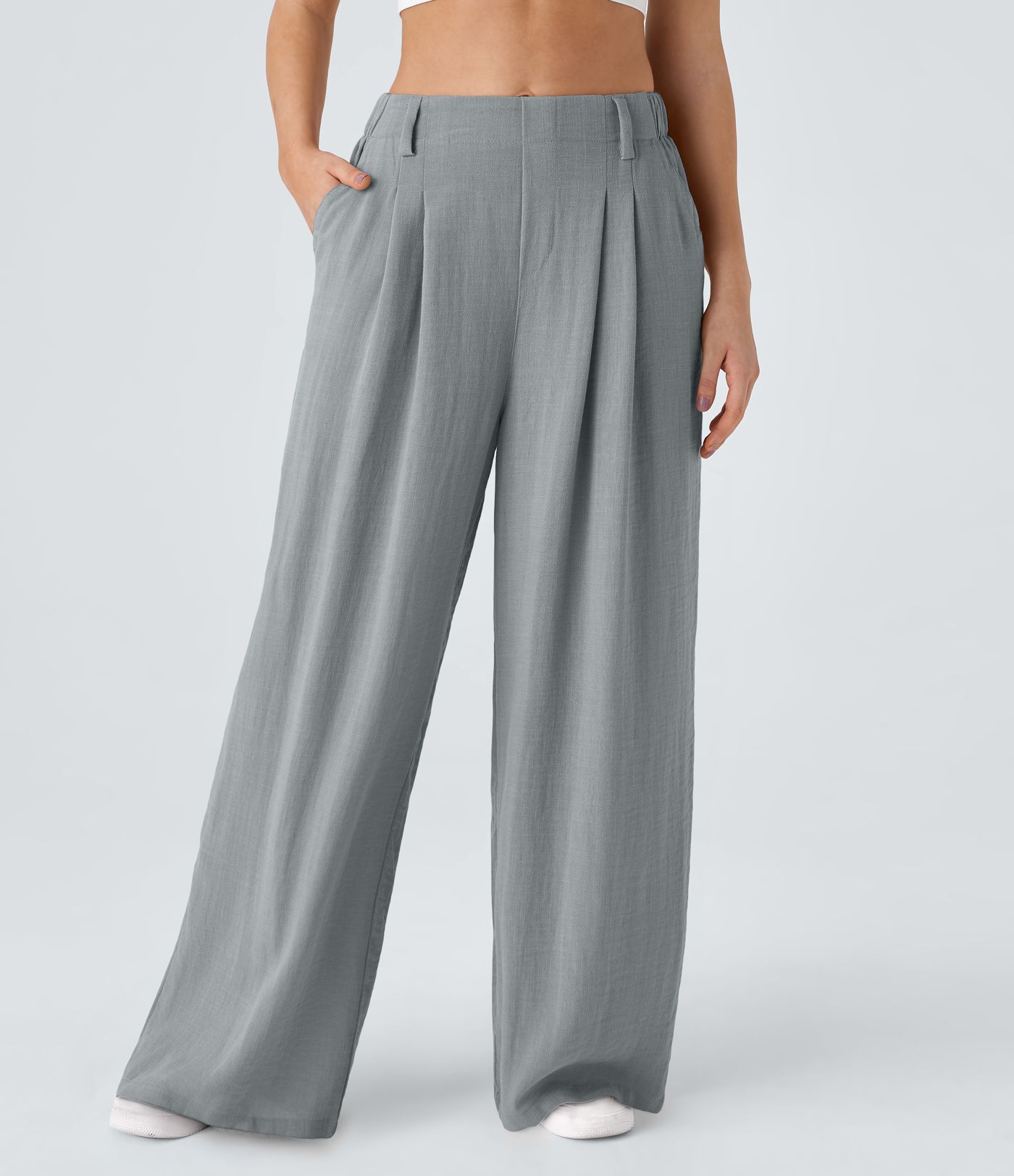 High Waisted Pocket Wide Leg Flowy Solid Palazzo Casual Linen-Feel Trousers