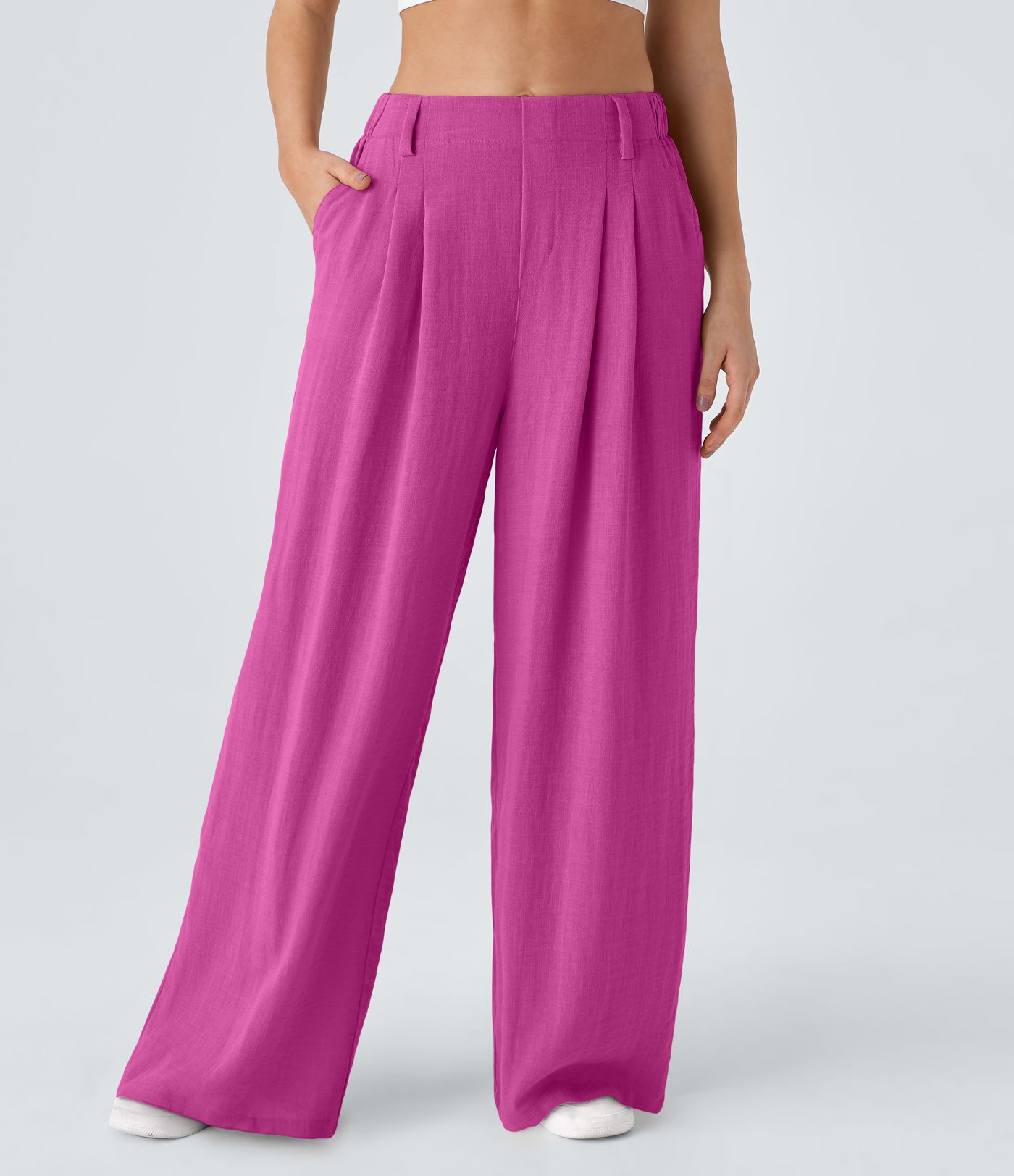 High Waisted Pocket Wide Leg Flowy Solid Palazzo Casual Linen-Feel Pants