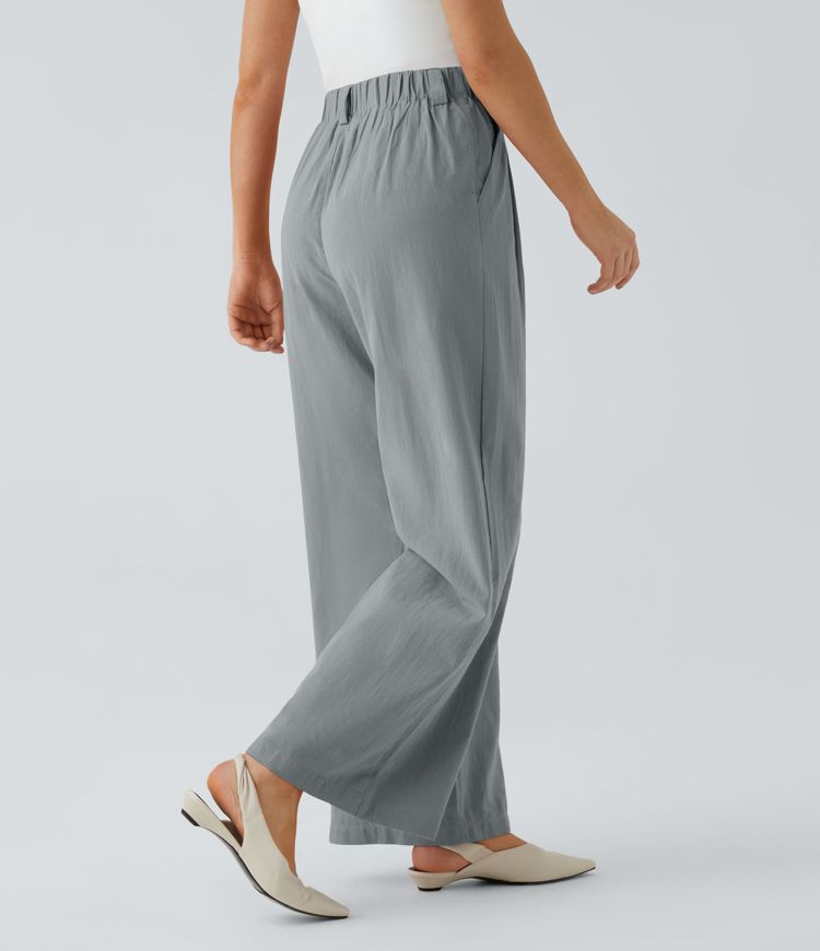 High Waisted Pocket Wide Leg Flowy Solid Palazzo Casual Linen-Feel Trousers