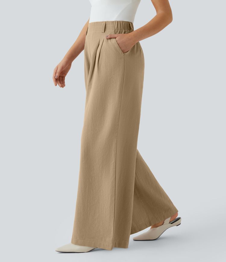 High Waisted Pocket Wide Leg Flowy Solid Palazzo Women Casual Linen-Feel Pants