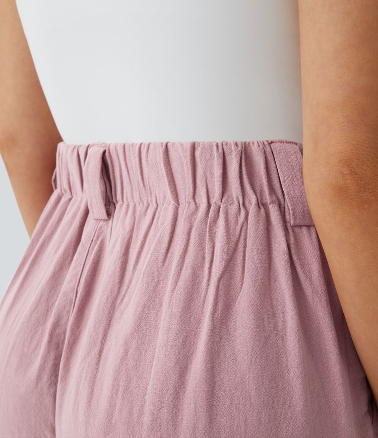 High Waisted Side Pocket Wide Leg Flowy Solid Palazzo Casual Linen-Feel Pants