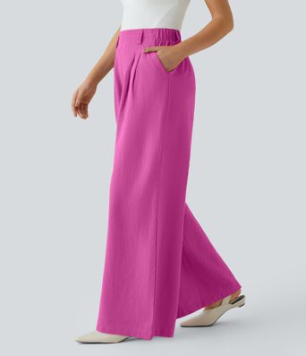 High Waisted Pocket Wide Leg Flowy Solid Palazzo Casual Linen-Feel Pants