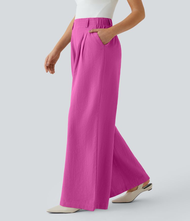 High Waisted Pocket Wide Leg Flowy Solid Palazzo Casual Linen-Feel Pants