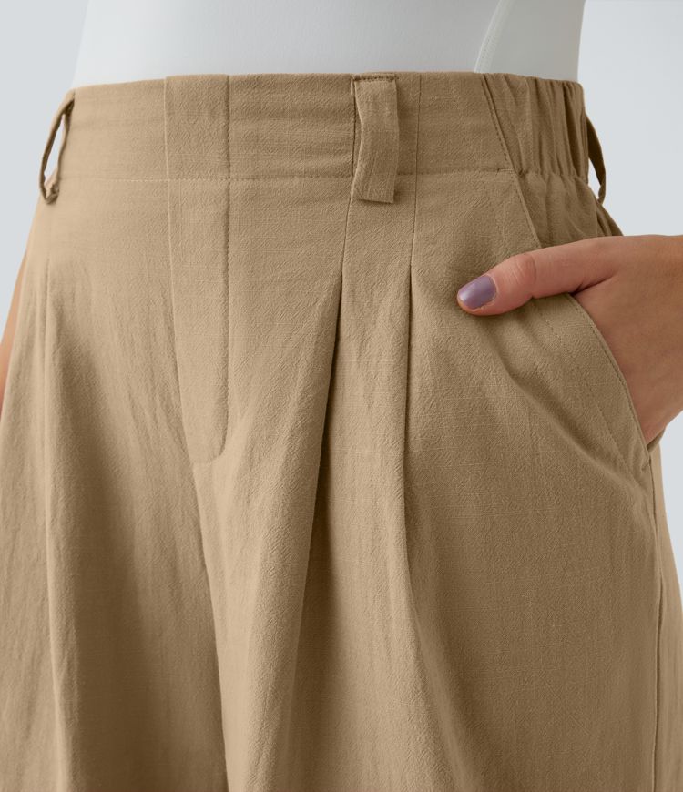 High Waisted Pocket Wide Leg Flowy Solid Palazzo Women Casual Linen-Feel Pants
