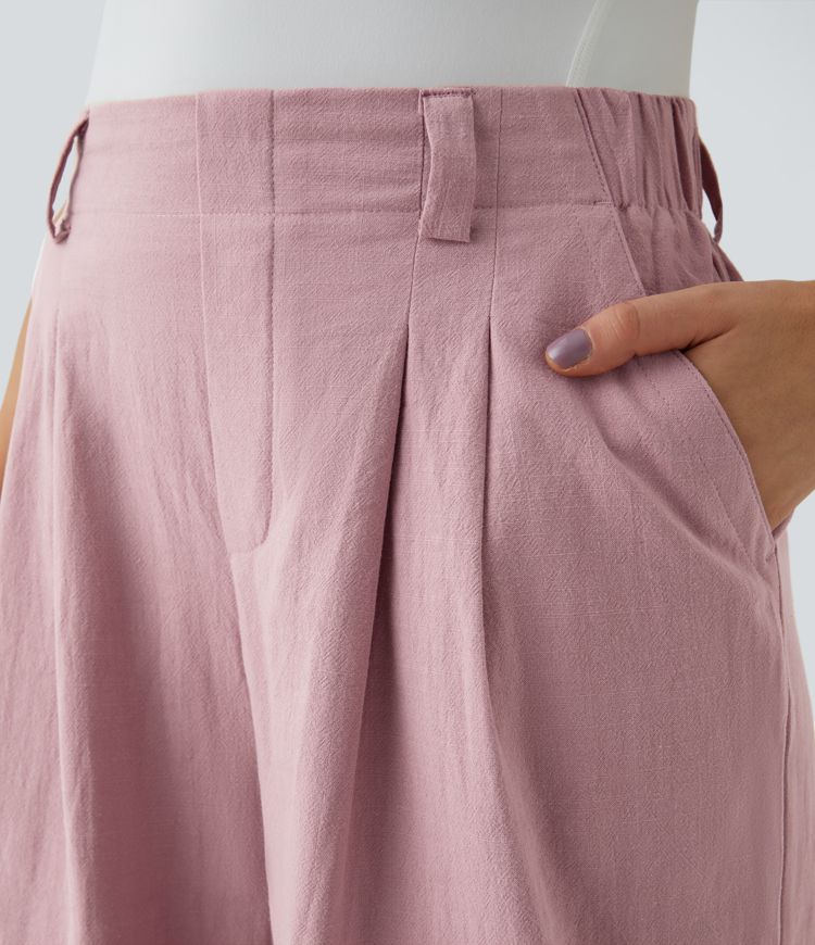 High Waisted Side Pocket Wide Leg Flowy Solid Palazzo Casual Linen-Feel Pants