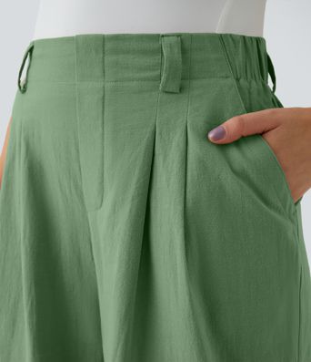High Waisted Pocket Wide Leg Flowy Solid Palazzo Casual Linen-Feel Pants