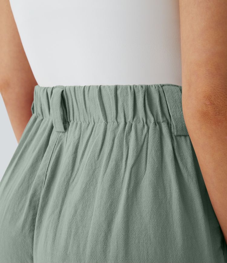 High Waisted Side Pocket Wide Leg Flowy Solid Palazzo Casual Linen-Feel Pants