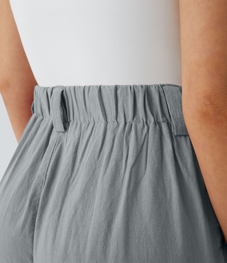 High Waisted Pocket Wide Leg Flowy Solid Palazzo Casual Linen-Feel Trousers