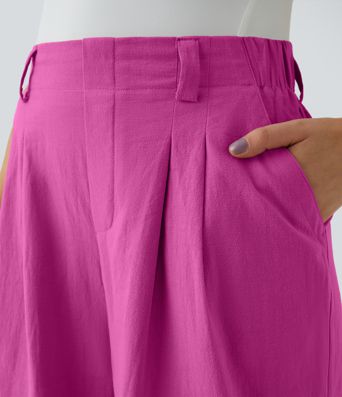 High Waisted Pocket Wide Leg Flowy Solid Palazzo Casual Linen-Feel Pants