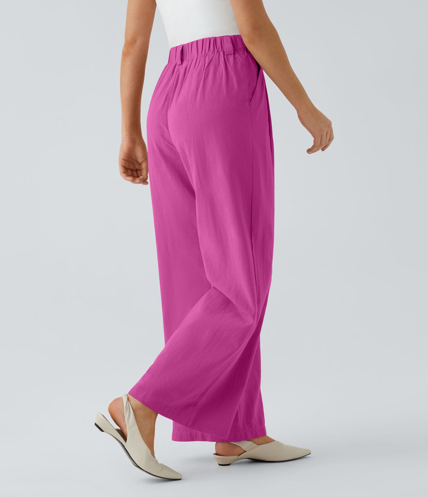 High Waisted Pocket Wide Leg Flowy Solid Palazzo Casual Linen-Feel Pants